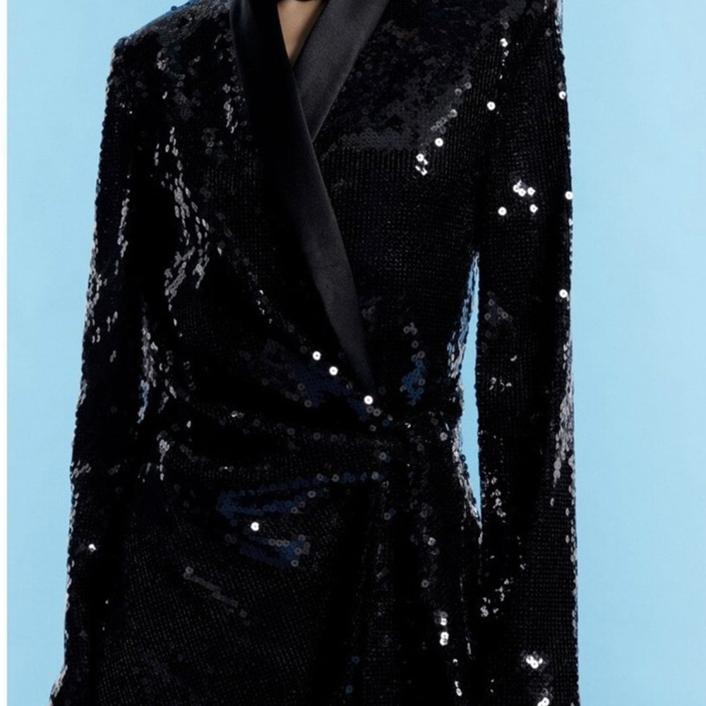Zara Black Sequin Satin Trim Blazer Dress - Picture 5 of 5